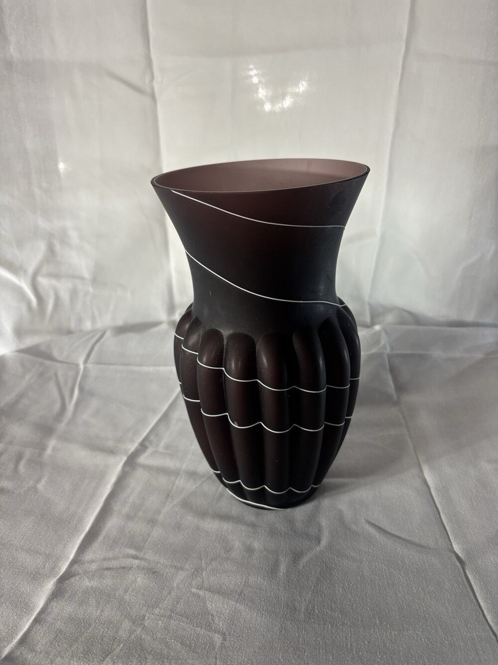 Vintage Amethyst Satin Art Glass Vase Frosted Plum Ribbed Flared White Swirl9.5”